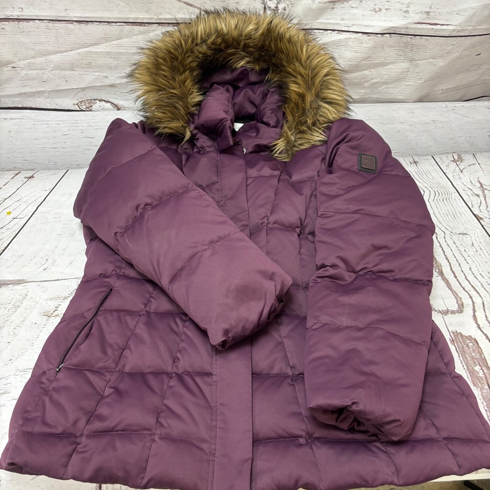 Calvin Klein Womens XL Plum Purple Faux Fur Trim Hooded Down Puffer Jacket Coat